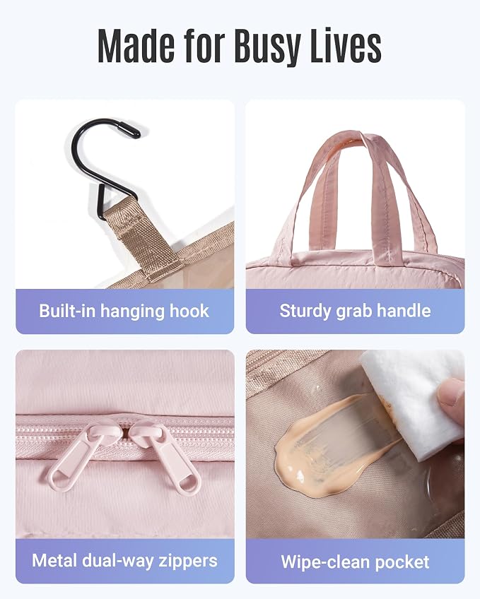 Travel Toiletry Bag - Hanging Makeup Organizer for Women & Men | Portable Hanging Organizer for Travel-Sized Shampoo, Full-Sized Toiletries, Brushes Set, Makeup Accessories, Nude Pink - Image 5