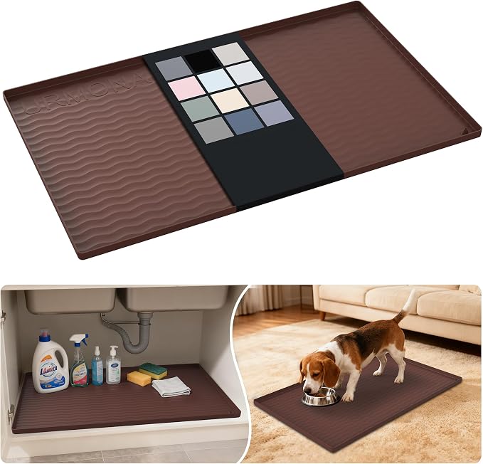 URMONA Waterproof Silicone Under Sink Mat 31'' x 19'' Shelf Liner for Kitchen and Bathroom, Cabinet and Counter Protector, Storage and Organizers, Litter Mat, Pet Cat Puppy Essentials(Brown) by URMONA