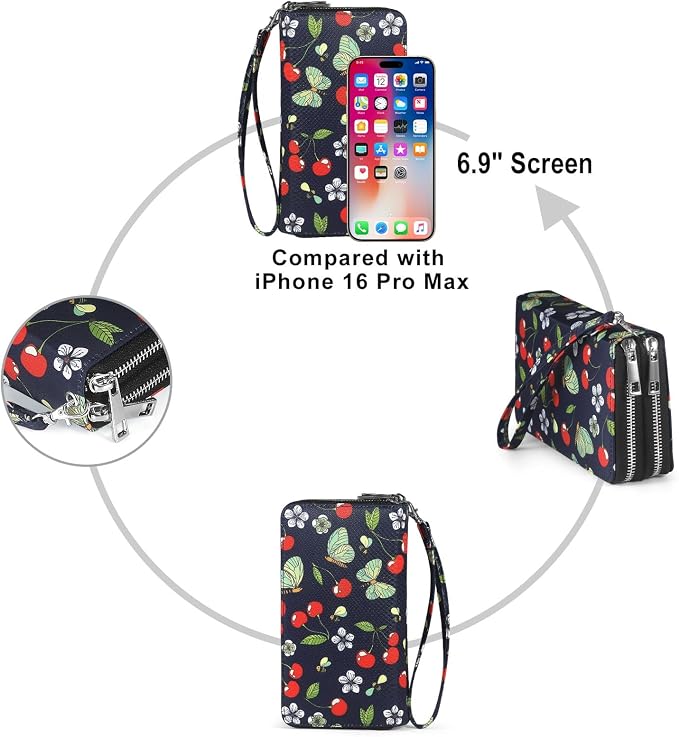 RFID Blocking Cellphone Wallet for Women with Wrist Strap, Double Zipper Travel Clutch Purse Large Capacity, Cherry - Image 6