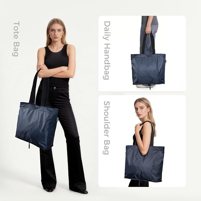 pack all 16L Foldable Shoulder Tote Bag, Lightweight Grocery Shopping Bag | Ultralight, Packable, Water Resistant, Tear Resistant Nylon, Zipper Closure, Compact for Travel, Work and Camping, Navy - Image 2