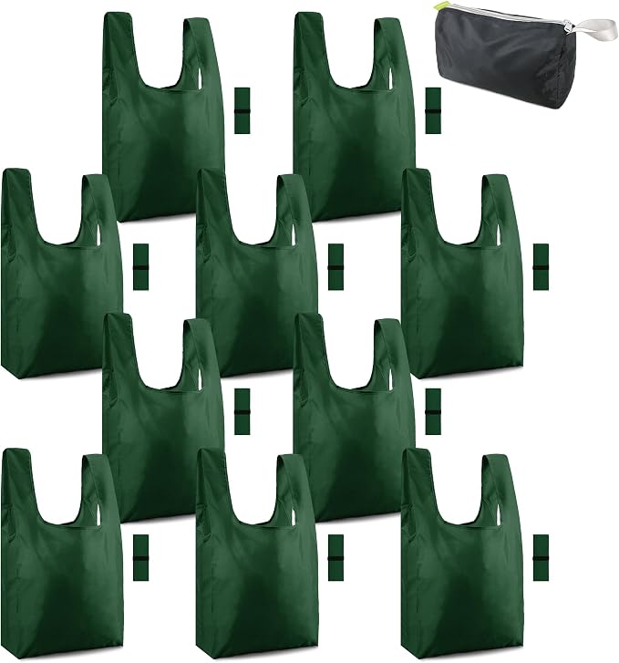 BeeGreen Christmas Green Reusable Grocery Bags with Zipper Storage Pouch 10 Packs Dark Green Reusable Shopping Bags Bulk Foldable-Machine Washable by BeeGreen