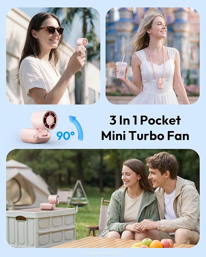 Gaiatop Portable Mini Fan Handheld, 3-in-1 Foldable Pocket Fan, Up to 15H | Personal Small Hand Fan, 6-Speed Turbo Cooling, USB Rechargeable, Outdoor Travel Essentials, Gifts for Women Teen Girls, Pink - Image 2