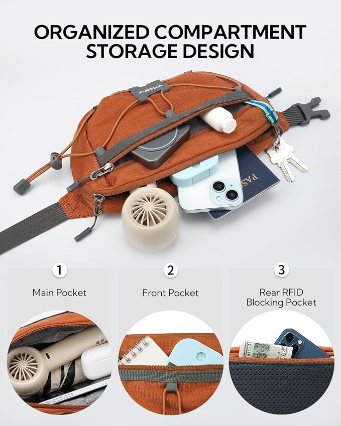 WATERFLY Small Fanny Pack RFID Blocking Travel Hiking Crossbody Waist Bag | Anti-theft design, Water resistant, Lockable zipper, Hidden rear pocket, Lightweight hip belt bag, EDC Running, Cycling, Gym - Image 6
