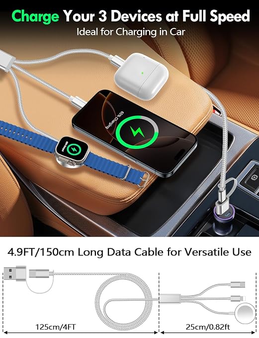 Travel Essentials for Apple Watch Charger,iPhone Charger,3 in 2 Type C/Lightning/Magnetic Travel Charging Cable,Portable Multi Charging Cable for Apple Watch, iPhone 17‑11,Samsung S26,Car,iPad-5FT - Image 7
