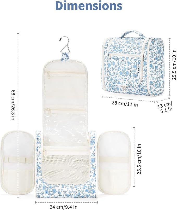 Narwey Large Hanging Toiletry Bag for Women Travel Makeup Bag Make up Organizer Toiletries Bag for Cosmetics Essentials Accessories (Large, Blue Flower) - Image 6