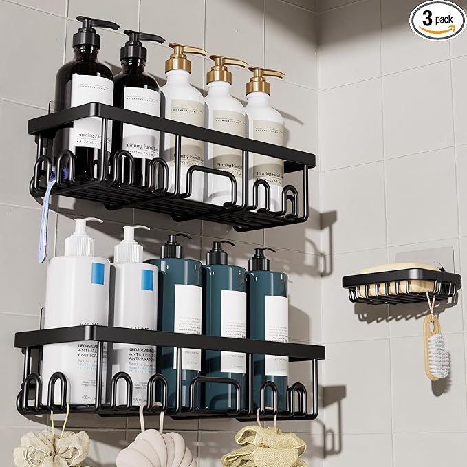 Veken Shower Caddy 3-Pack, Advanced Rustproof Design, No Drilling Adhesive Shelves, Rack with Soap Holder, Large Capacity Bathroom Organizers and Storage, Wall-Mounted Kitchen & Home Decor, Black by Veken