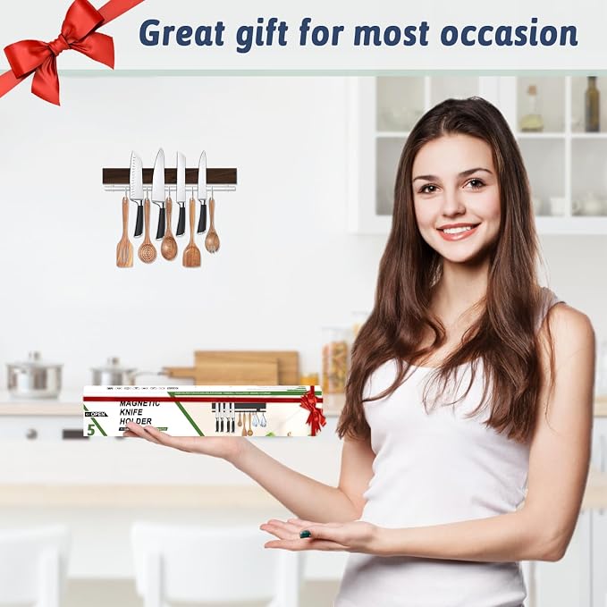 12 Inch Magnetic Knife Holder for Wall - Stainless Steel Magnet Knife Strip No Drill with 5 Hooks/Adhesive Tape/Screws, Wall Mounted Kitchen Utensil Holder, Walnut-Finish Magnetic Knife Organizer - Image 8