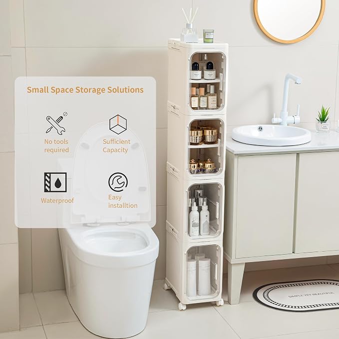 4-Tier Tall Narrow Slim Bathroom Storage Cabinet, Cream White | Tool Free Assembly, Adjustable Shelves, Fits for Narrow Spaces, Reinforced Stability, Magnetic Clear Door - Image 3