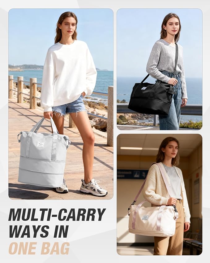 Expandable Travel Duffle Bag for Women Men, Large Gym Bag Travel Tote Bags, Waterproof Carry On Personal Item Bag Airline Approved, Workout Weekender Bag for Overnight Trips with Luggage Sleeve, Beige | Waterproof Carry On Personal Item Duffel Bag 40L ... - Image 2