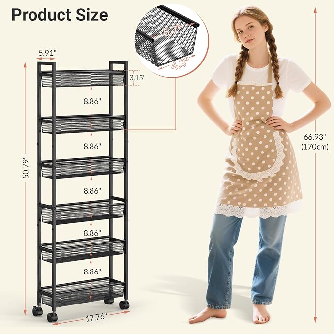 ThreeHio 6 Tier Slim Storage Cart, Narrow Cart with Wheels, Metal Mobile Shelving Unit Organizer for Kitchen, Bathroom, Laundry Room, Living Room & Narrow Spaces, Black, 6in(W) - Image 2