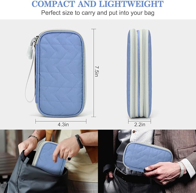 FYY Electronic Organizer, Travel Tech Pouch, Cable Organizer Blue Quilted | Wrist Strap, Waterproof, Double Layers Portable Electronics Travel Carrying Case for Cord, Charger, Daily Business Trips Use - Image 2