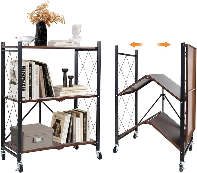 3 Tier Vintage Multifunctional Folding Shelf with Wheels | Portable Heavy Duty Storage Shelving, No-Assembly Metal Collapsible Rack Unit for Kitchen, Office, Bedroom, Rustic Brown by YUANJIMI