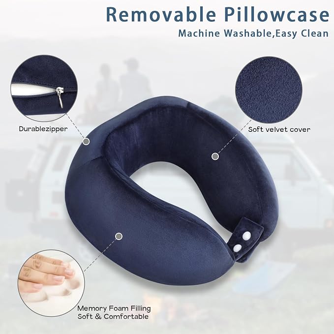Travel Neck Pillow Airplane Soft U Shaped Neck Pillows Dark Blue | Memory Foam, Removable Washable, Suitable for Airplanes Traveling Trains Bus Offices - Image 3