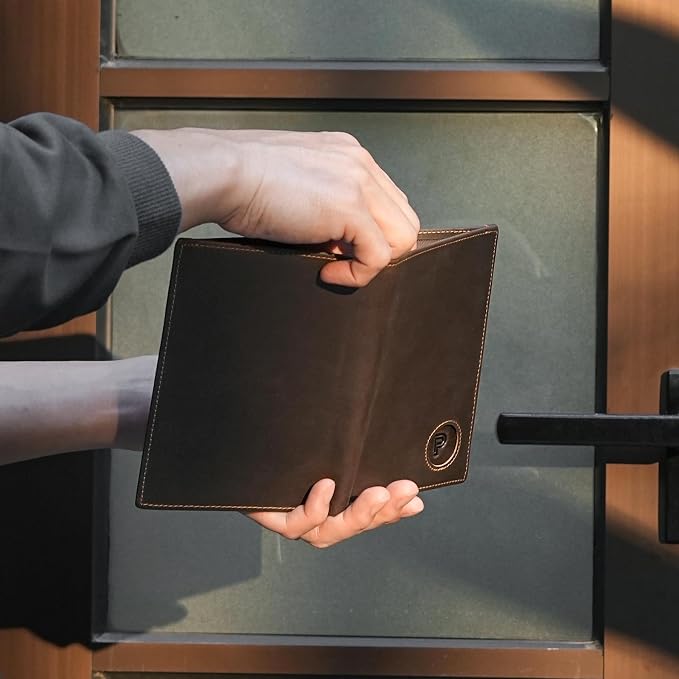 Polare Leather AirTag Passport Holder RFID Blocking Travel Bifold Wallet | Luxury Full Grain Cowhide Leather, AirTag Slot, Vintage Passport Cover Case, International Travel Wallet, Dark Brown - Image 9