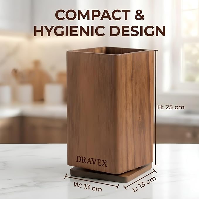 DRAVEX Ultra Premium Magnetic Knife Block without Knives for Counter Top | 360° Rotatable Acacia Wood Knife Holder Stand, Large Kitchen Utensils Holder with Strong Magnet, Anti-Slip Base - Image 2