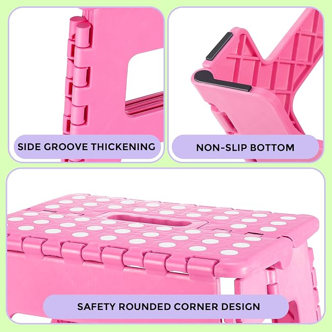Dyforce Kids Step Stool 9 Inch, 300lbs Folding Step Stool for Toddler | Step stool Pink,Anti-slip Heavy Duty Stool with Handle, Lightweight Foldable Foot Stool for Bathroom Kitchen Bedroom Outdoor - Image 3