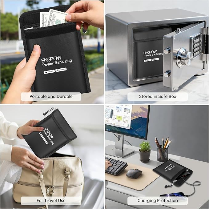ENGPOW Fireproof Organizer Travel Safe Bag, Portable Electronic Carry Case | Heat Insulated＆Explosion-Proof, Home Travel Storage for Power Bank,Phone,Cables,USB Drive,Charging Protection,9''x7'',Black - Image 9