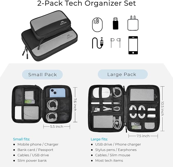 MATEIN Cord Organizer Travel Case, Cable Storage Bag, 2 Pack | Water Resistant, Portable Electronics Case, Carrying Bag for Cable, Changer, Earphone, for Electronic Accessories - Image 9