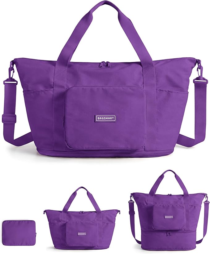 BAGSMART Foldable Travel Bag, 37L Expandable Personal Item Bag, Purple | Airline Approved Personal Carry-on Size, Fits Under-seat, Trolley Sleeve, Backup Bag for Travel, Vacation, Overnight by BAGSMART