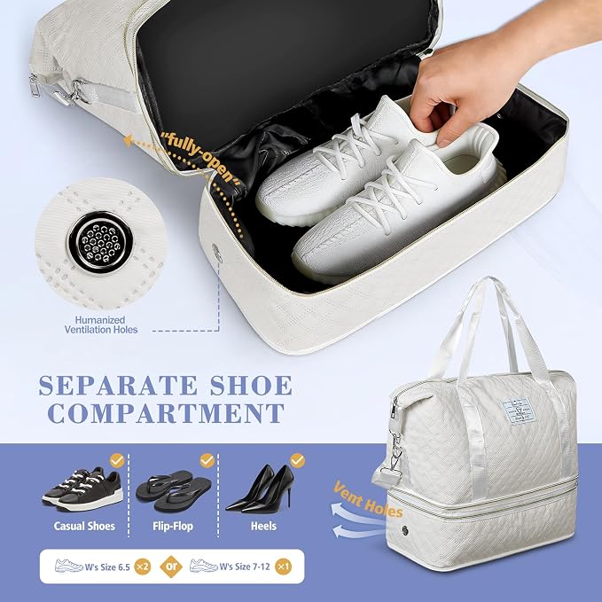 Geestock Travel Duffle Bag - Weekender Overnight Bags for Women, White | Travel Bag with Expandable Shoe Compartment & Trolley Sleeve, Lightweight Carry On Bag with Drawstring Storage Pouch for Trip - Image 3