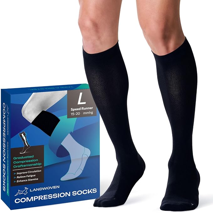 Compression Socks for Women and Men, 15-20mmHg Knee High Support Socks, Lightweight Breathable Travel and Running Socks for Flying, Training, Work and Daily Wear, S-L, 1 Pair by LANDWOVEN-SpeedRunner