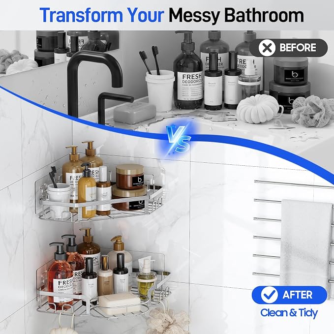 Corner Shower Caddy, Rustproof Shower Organizer with Soap Holder and 8 Hooks, No Drilling Adhesive Shower Shelves for Inside Shower, Large Capacity Shower Rack for Bathroom Shower Storage, Sliver - Image 9