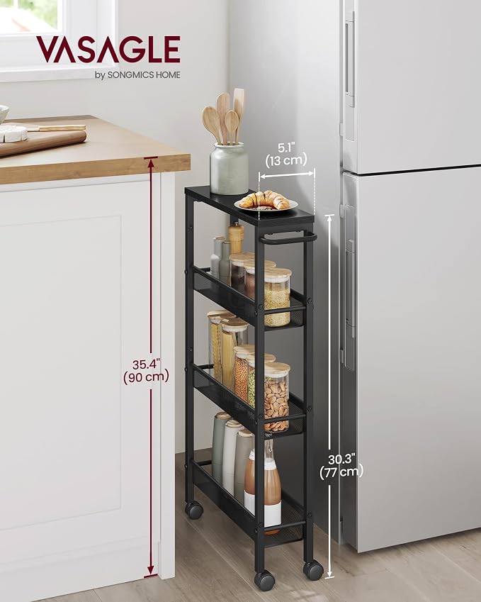 VASAGLE Slim Rolling Cart, 4-Tier Storage Cart, Narrow Cart with Handle, 5.1 Inches Deep, Metal Frame, for Kitchen, Dining Room, Living Room, Home Office, Ebony Black and Classic Black ULRC032B04 - Image 2