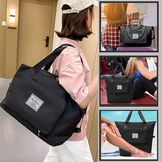 Large Capacity Folding Travel Bag, Lightweight Waterproof Luggage Bag, Expandable Travel Duffel Bag, Dry Wet Separated Gym Tote Bag, Weekender Overnight Bag for Women and Man (Black) - Image 2