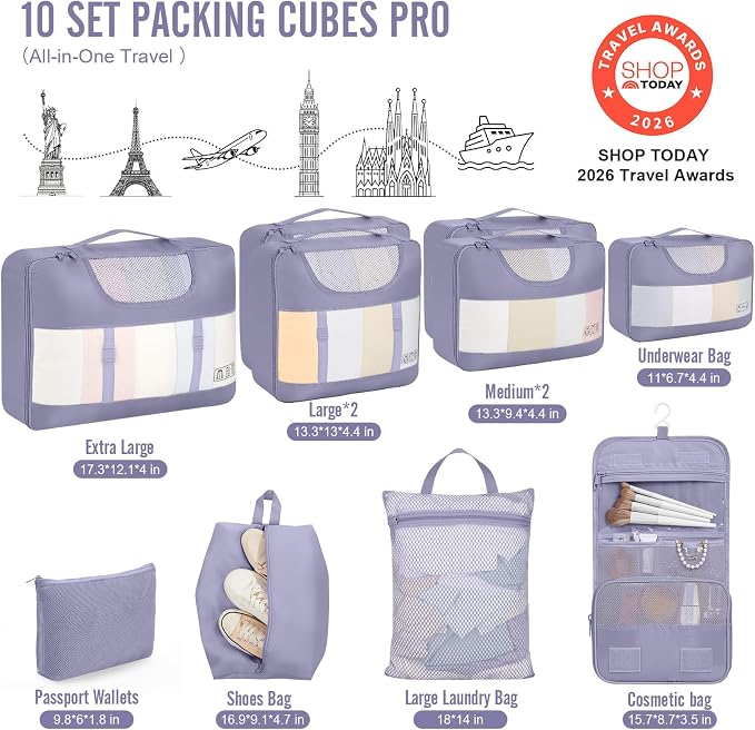 Veken 10 Set Packing Cubes for Travel Essentials, Suitcase Organizer Bags in 4 Sizes, Carry-On Luggage Accessories with Laundry Bag, Airplane Must Have with 99-Count Mesh Holes - Image 2