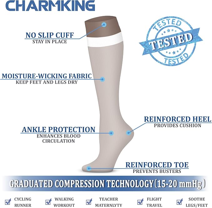 CHARMKING Compression Socks for Women & Men Circulation (3 Pairs) 15-20 mmHg is Best Support for Athletic Running Cycling - Image 5