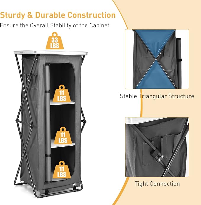 Goplus Folding Camping Storage Cabinet, Pop Up Outdoor Camping Kitchen Station with Large 3-Tier Storage Organizer, Carry Bag, Easy Set Up Portable Compact Camping Table for BBQ Picnic Backyard (55'') - Image 5