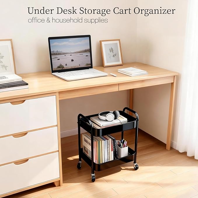 2 Tier Metal Rolling Utility Cart with Wheels Under Desk Storage Cart with Handle, Roll Around Organizer Trolley for Small Space Pantry Bathroom Home Kitchen Office Snack Baby Supplies, Black - Image 4