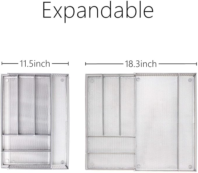 JANE EYRE Utensil Drawer Organizer - Expandable Cutlery Tray, Silverware/Flatware Storage Divider for Kitchen, Mesh Designing with Non-slip Rubber Feet (Silver) - Image 5