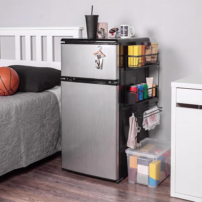 Vercraft 3 Tier Magnetic Dorm Fridge Organizer Heavy Duty 66lbs over Dorm Fridge Shelf Essentials Paper Towel Holder with Sliding Basket Hook Side of Fridges Storage Rack Space Saving Kitchen(Black) by Vercraft