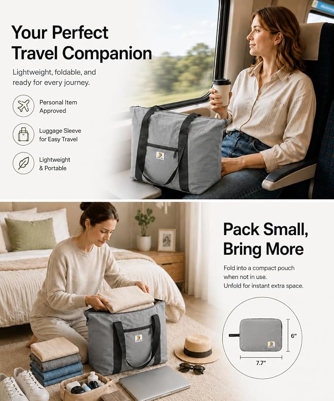 Foldable Travel Bag, 26L Lightweight Weekender Duffel, Expandable Second Carry-On Bag for Travel & Shopping, Water-Resistant Personal Item Bag, Gray - Image 8