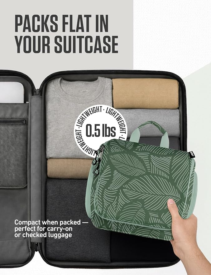 VENTURE 4TH Hanging Travel Toiletry Bag, 17 Compartments - Green Leaves | Hangs on rails, hooks or doors; stands upright too. Removable TSA pouch. Water-resistant 900D Nylon, reinforced stitching. - Image 8