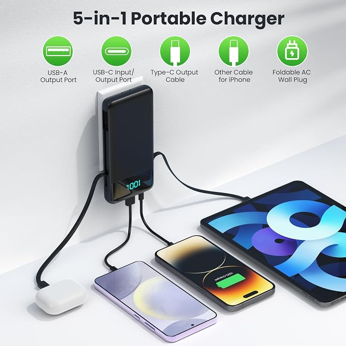 Portable Charger with Built-in AC Plug and Cables,13800mAh All in One USB C Fast Charging Power Bank,Travel Essentials Portable Phone Charger Battery Pack for iPhone 17/16/15/14/13,Galaxy,Android etc - Image 6