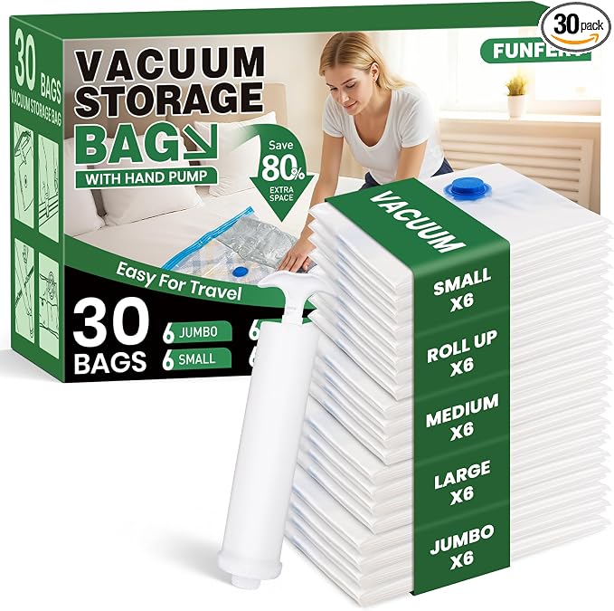 Vacuum Storage Bags,30Pack Vacuum Seal Bags for Clothing,Travel,Clothes,Comforters,Blankets,Pillows-6 Jumbo+6 Large+6 Medium+6 Small+6 Roll Up Space Saving Bag Hand Pump Included by FUNFERY