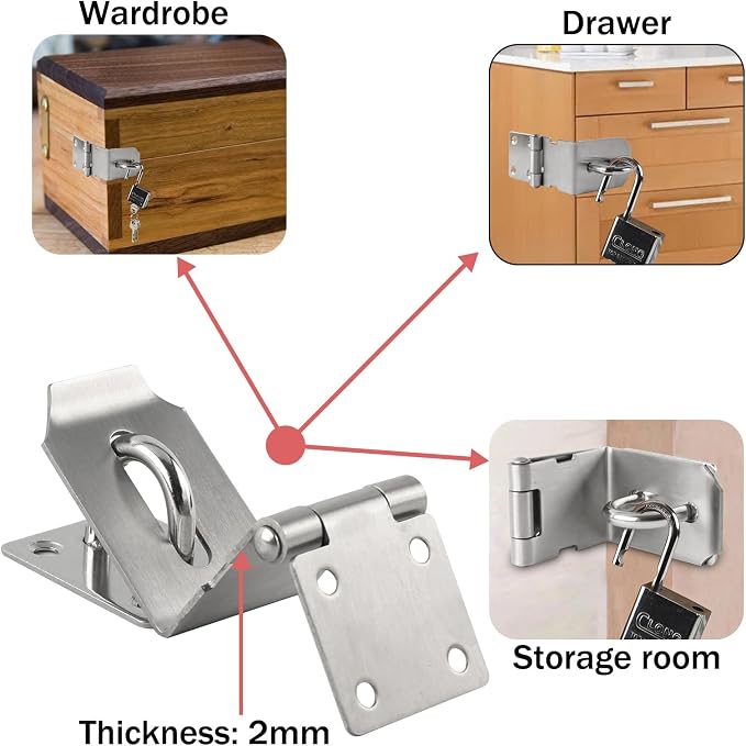 HOWDIA 4 Inch Door Lock Latch Padlock Hasp Set, 90 Degree Latch Lock with Screws and Padlock Stainless Steel Safety Right Angle Padlock Hasp Latch Security Door Clasp Hasp for Shed/Gate/Storage Lock - Image 4