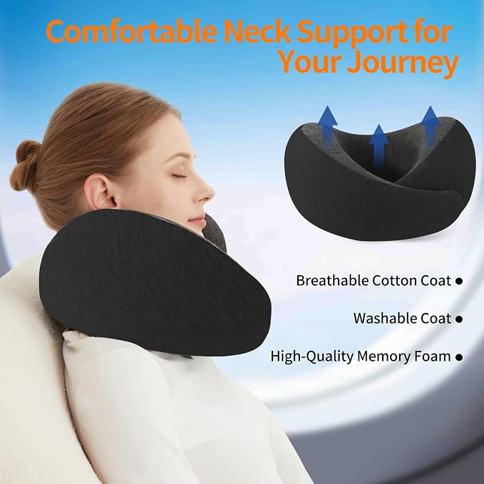 Travel Neck Pillow Airplane, Memory Foam Travel Pillows for Comfort on Sleeper Hold Compact and Ergonomic Design for Traveling Car Rides Home Road Trip Essentials for Adults and Kids (Black) - Image 7