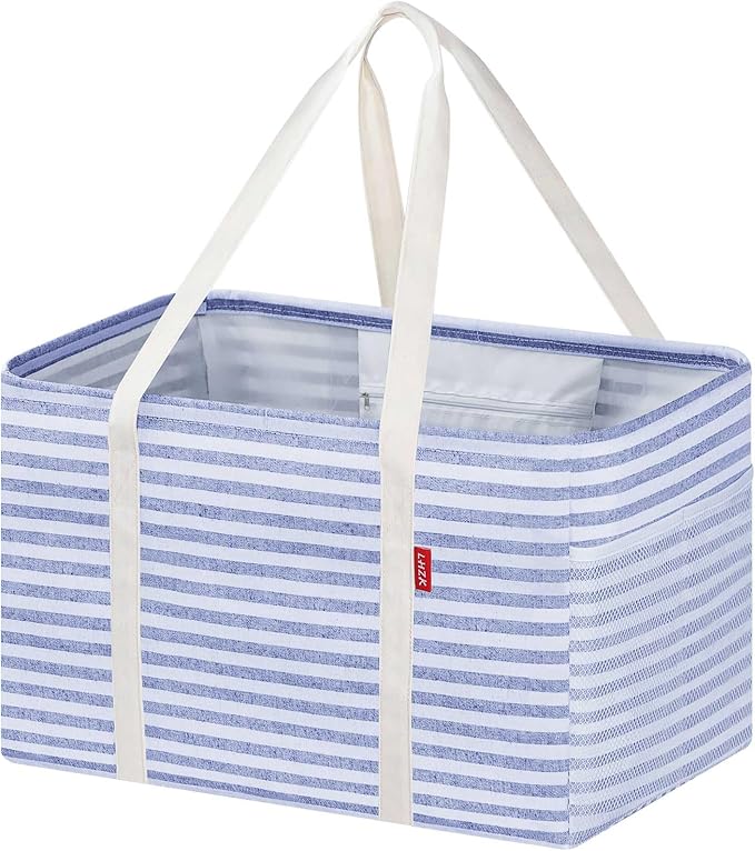LHZK Standing Utility Tote Bag with Metal Wire Frame and the Sides Rinforced, Large Tote Bag with Handle, Reusable Grocery Bags Foldable, Beach Bag, Car Tote (Blue, 18.5''x11.8''x11.5'') | Metal Wire Frame by LHZK