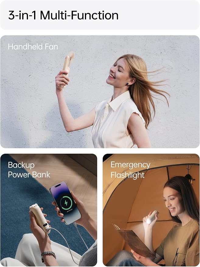 JISULIFE Portable Handheld Fan, 3 In 1-Fan, Power Bank, Flashlight, Brown | Mini Cooling Essential for Outdoor, Small, On-the-Go Pocket Hand Design, 24 Hours, Auto Shut-Off Safety Soft Blade - Image 3