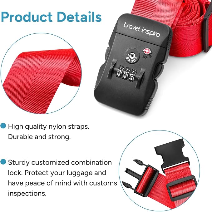 Travel Inspira Heavy Duty Luggage Straps with TSA Lock | Cross-Strap Design; 103-200cm Length; TSA Lock with Tag; Nylon Webbing; Quick Buckle; High Visibility Red;Anti-Burst - Image 8