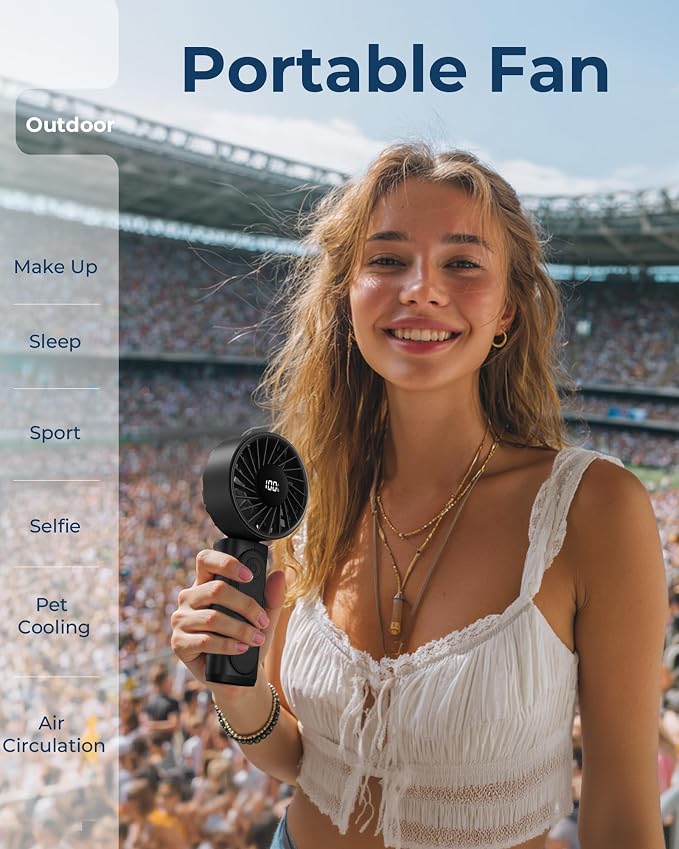 Peiyuu Handheld Fan, Portable Fan, 4000mAh Rechargeable Personal, 180° Foldable Mini Desk Fan with 6 Wind Speed, LCD Digital Display, Lanyard as Neck, Ultra Quiet, Pocket Size for Indoor Outdoor - Image 7