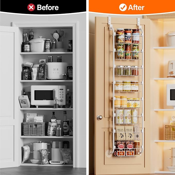 Delamu Narrow Over The Door Pantry Organizer, 8-Tier Metal Pantry Door Organization and Storage for Easy Install, Hanging Spice Rack Shelves, Door Organizer for Kitchen, 4.65"D x 13"W x 65"H, White - Image 5