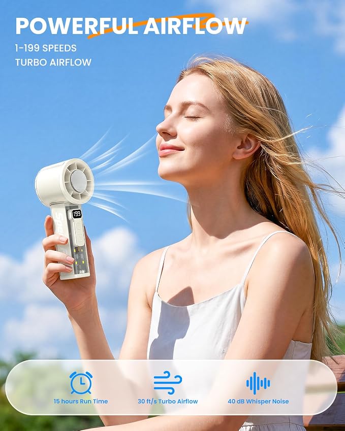 Portable Handheld Turbo Fan, 5-Speed Adjustable USB-C Rechargeable with LED Digital Display & 4-Mode Flashlight, Lightweight Personal Fan for Travel/Camping/Indoor Use, White - Image 3