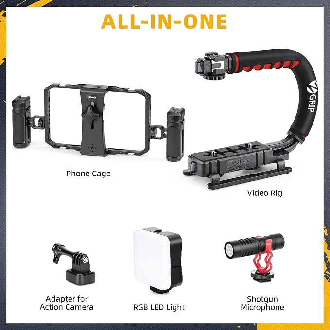 Zeadio All-in-One Video Rig Kit, Handheld Stabilizer with Aluminum Phone Cage, RGB LED Light & Shotgun Microphone, Perfect for Vlogging YouTube TikTok Filmmaking etc - Image 2