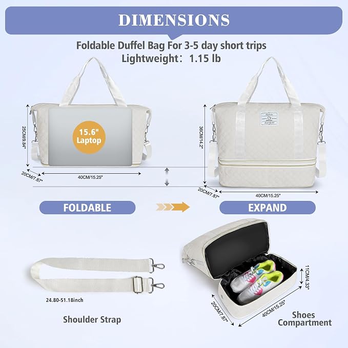 Geestock Travel Duffle Bag - Weekender Overnight Bags for Women, White | Travel Bag with Expandable Shoe Compartment & Trolley Sleeve, Lightweight Carry On Bag with Drawstring Storage Pouch for Trip - Image 2