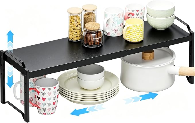 1 Pack Expandable Cabinet Countertop Shelves, Stackable Shelves Organizers For Kitchen Cabinet Countertop Storage, Adjustable Counter Cupboard Pantry Organizer Shelf Rack Stand, Length:25.5" by X-cosrack