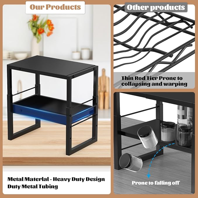 Adjustable Kitchen Countertop Organizer, 2-Tier Expandable Cabinet Counter Shelves, Heavy Duty Steel Pantry Organizers and Storage Shelf Rack Stand Riser, Adjustable Length & Height, Black - Image 5